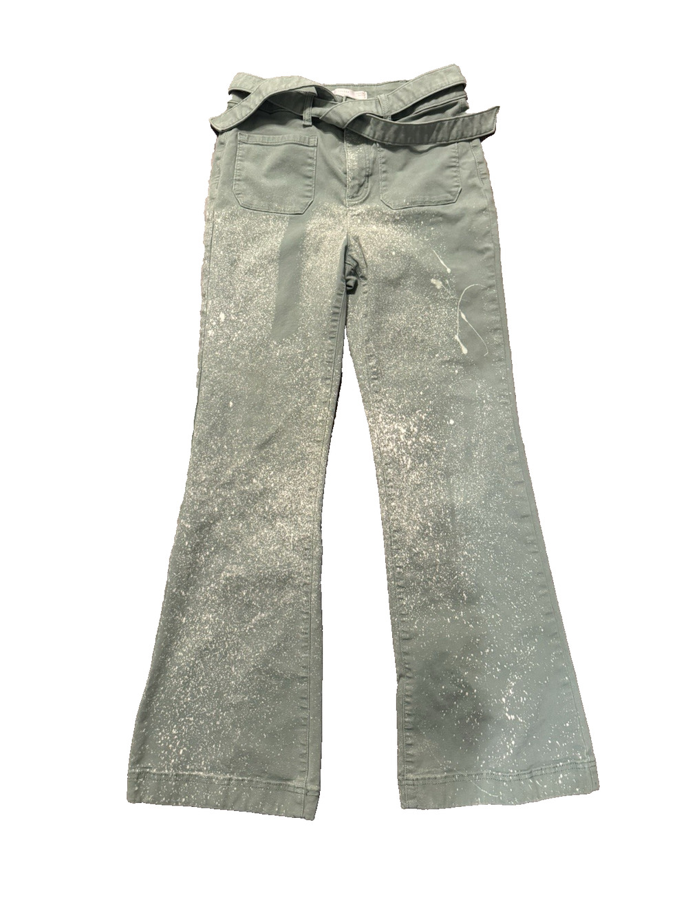 Lauren Conrad Flare Pants Size 6 Green White Splatter Print Fabric Tie Belt